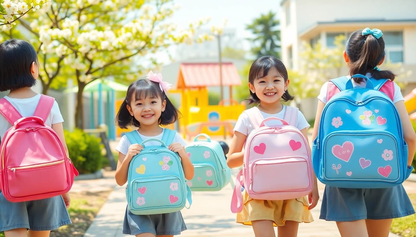 晴れた空の下、色とりどりでかわいいランドセルを背負う子どもたちの明るい学校風景