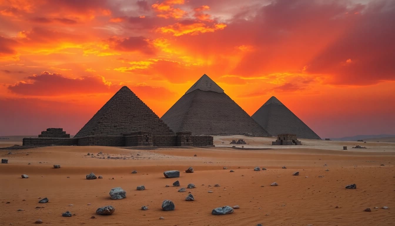 Explore piraminds at sunset with golden rays illuminating their majestic structures.