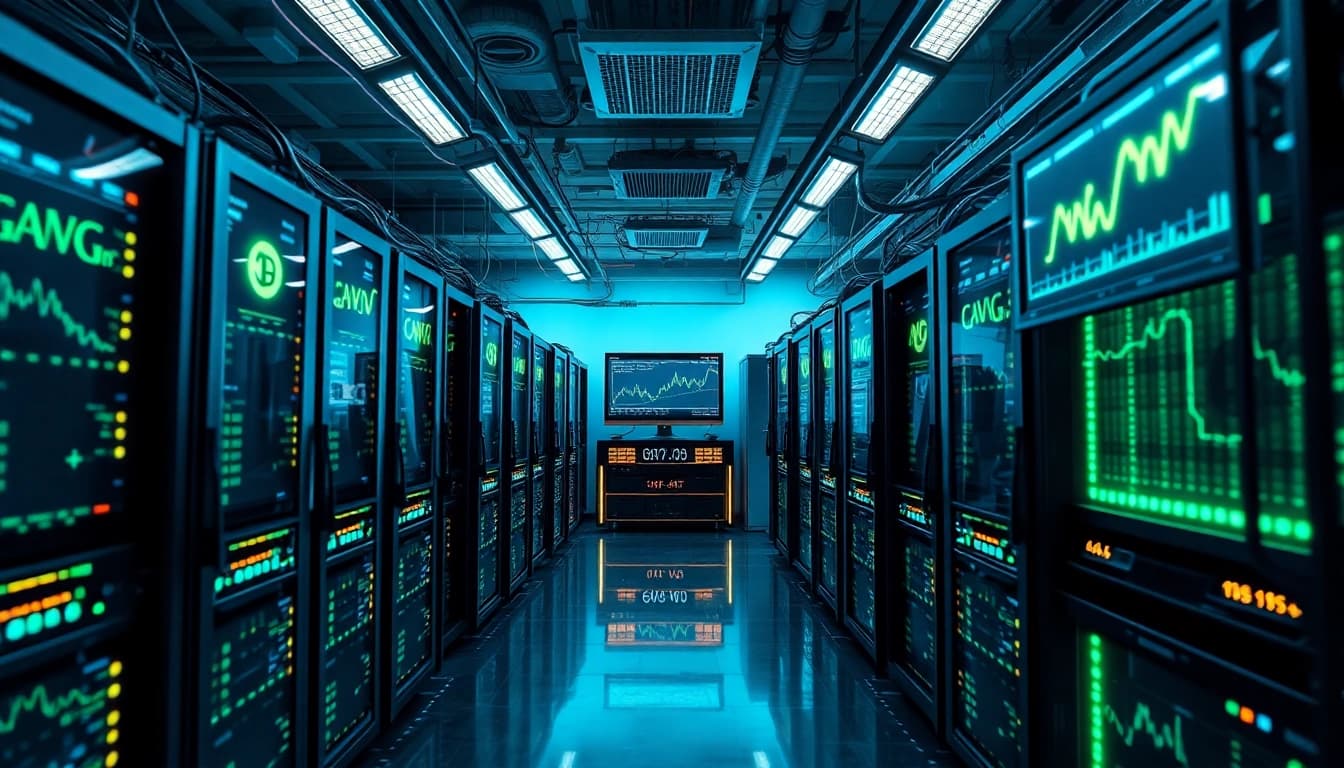 Crypto mining setup with advanced rigs and glowing screens in a high-tech environment.