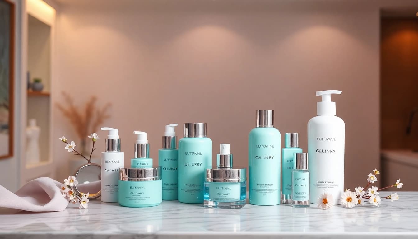 Framvisning av de bästa K-beauty-produkterna på en marmorbänkskiva med blomsterarrangemang.