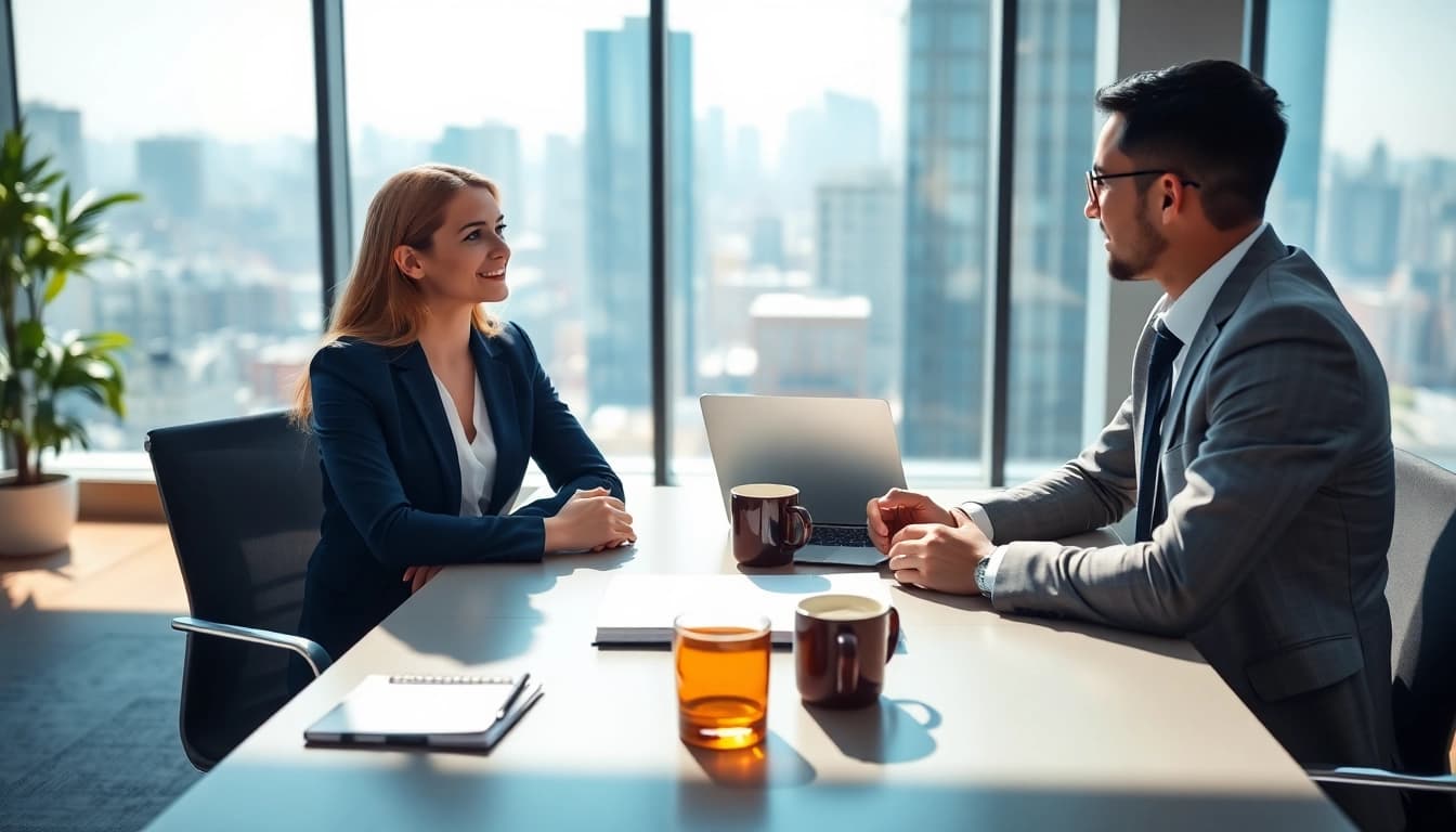 Job seekers discussing new hire jobs in a modern office environment.