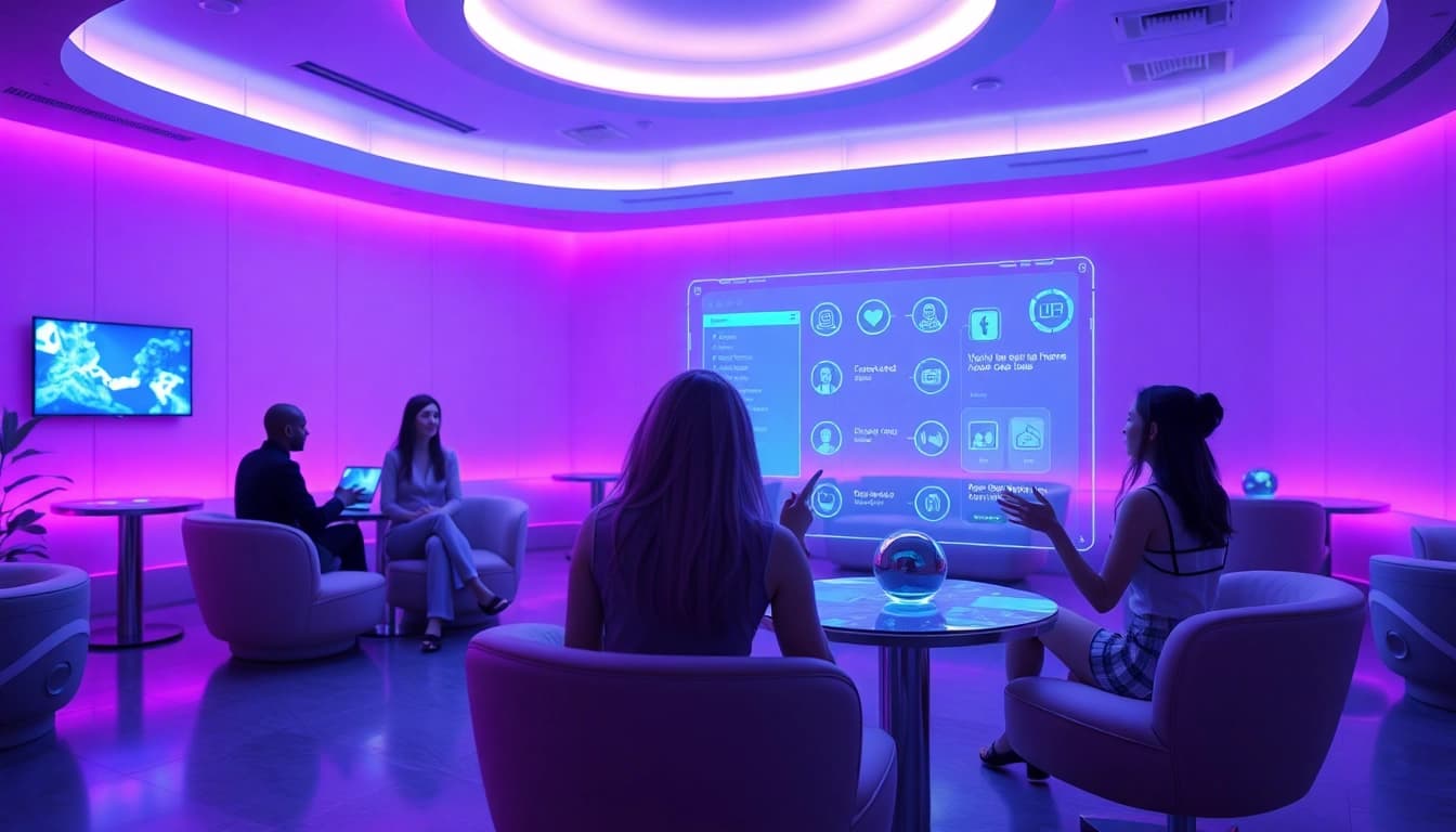 Immersive NSFW AI interaction space showcasing futuristic avatars and holographic displays.