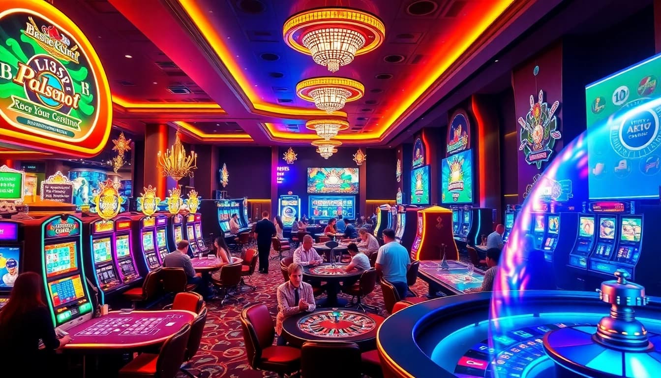 Experience the vibrant gambling world of KJC AC 1 with players enjoying casino tables and slot machines.