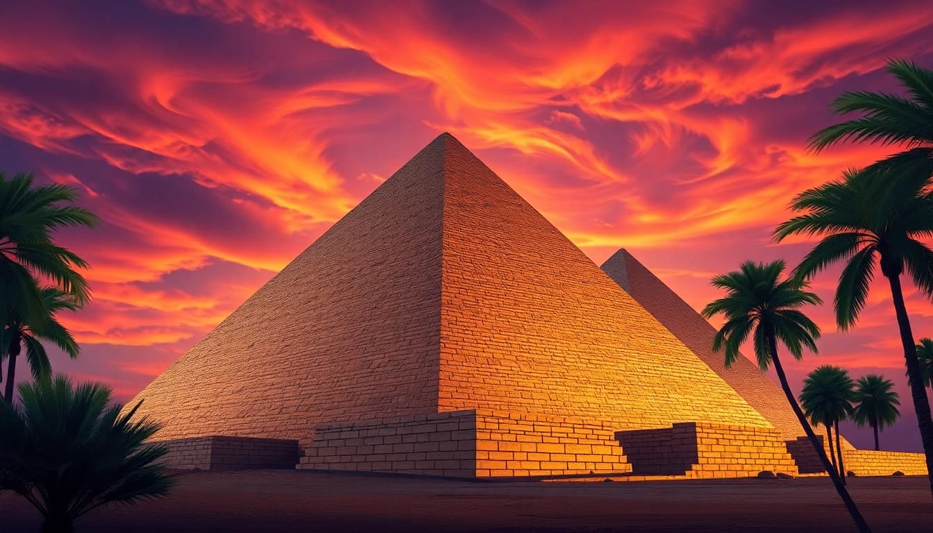 Pyraminds illuminated at twilight with detailed foreground features and dramatic landscape