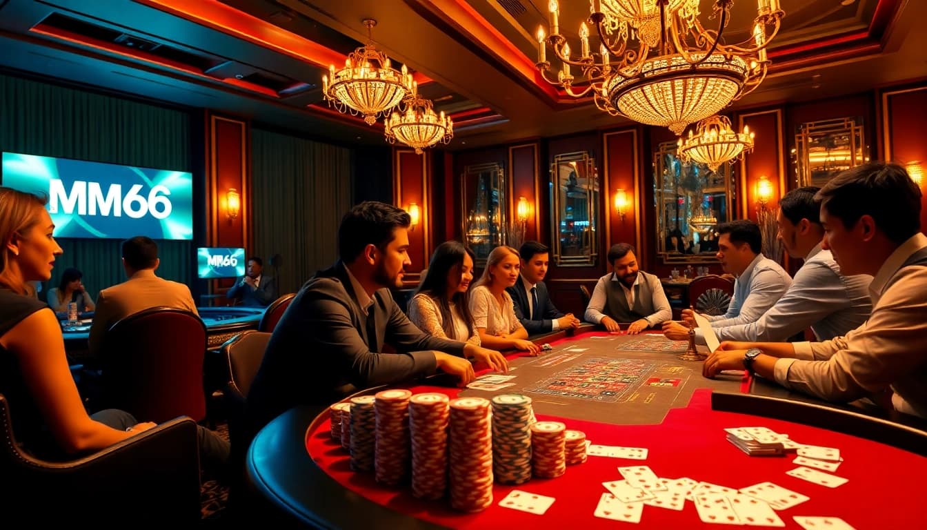Players strategizing during an intense poker game at MB66 Casino, surrounded by vibrant decor.