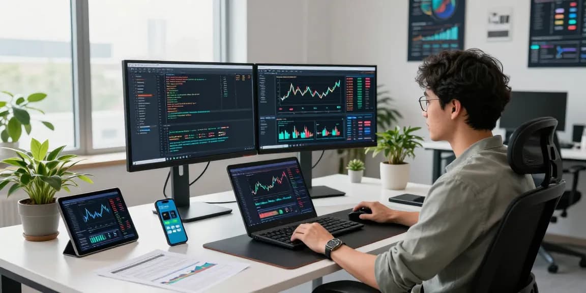 Engaging developer workspace showcasing real-time financial data, highlighting the free market data API.