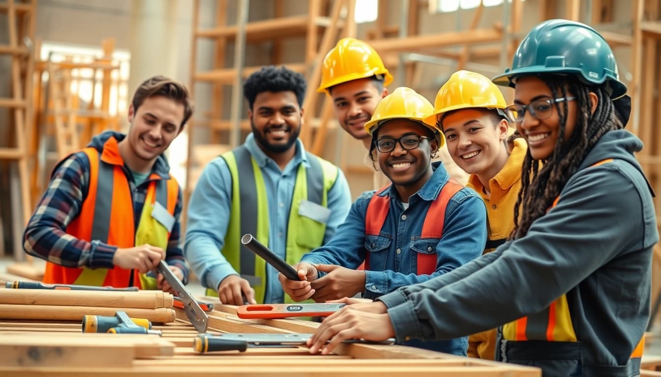 Engaged apprentices participating in construction apprenticeships carolinas at a lively construction site.