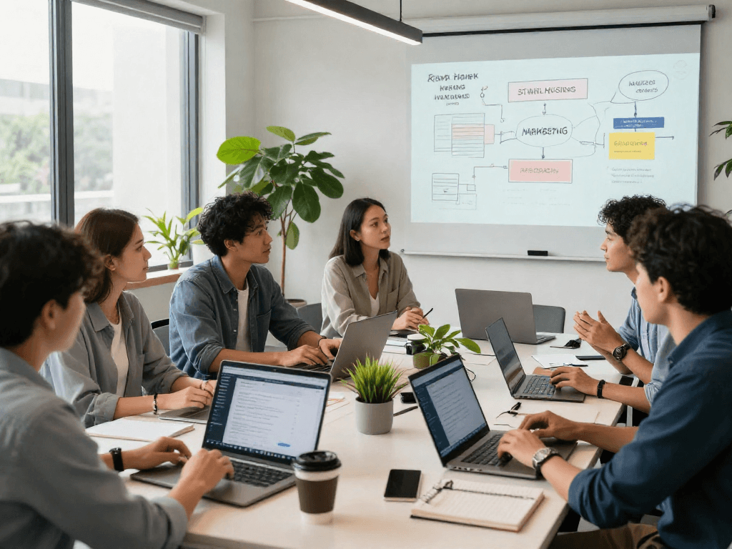 Grupo de profesionales colaborando en soluciones de reseller hosting en un espacio moderno.