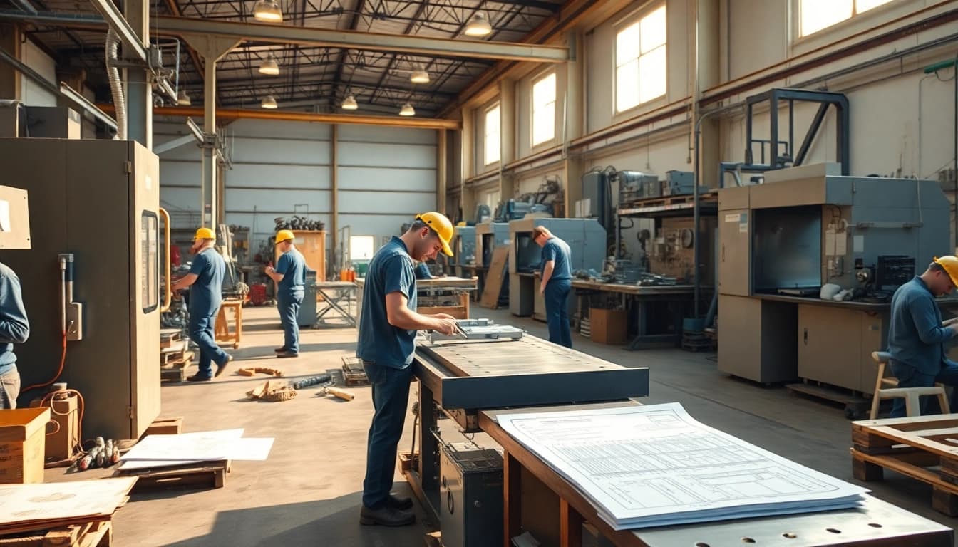 Crafting metal components in industrial fabrication Edmonton with skilled workers and heavy machinery.