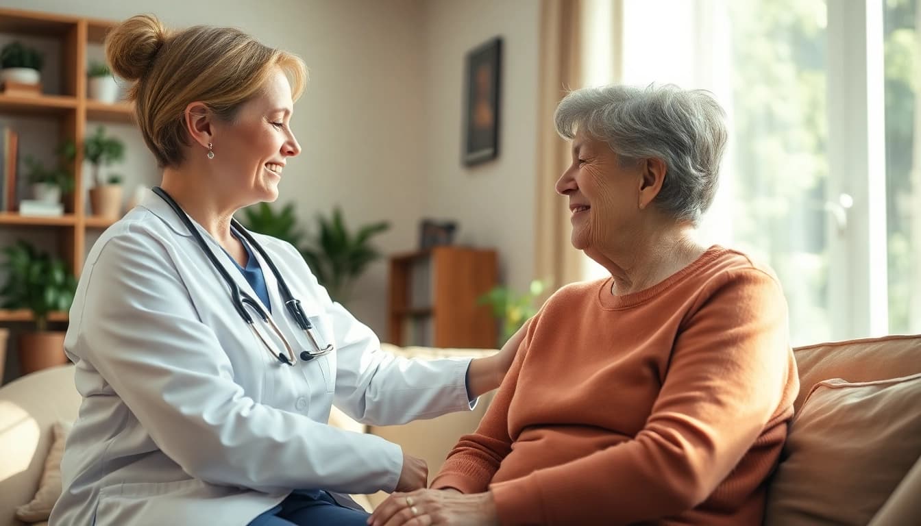 Engaging respite care austin tx discussion between caregiver and elderly client in a warm setting.