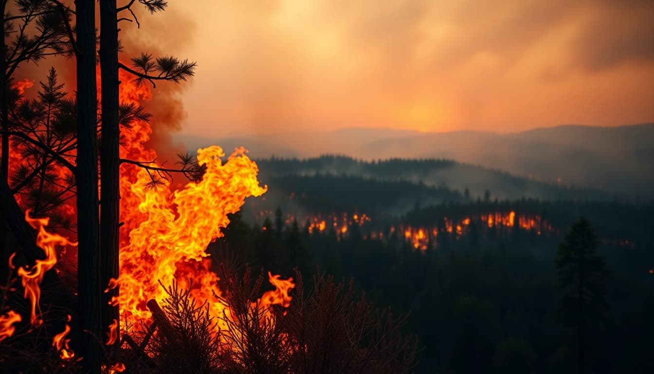 Illustration of wildfire events showcasing flames and smoke engulfing a forest landscape.