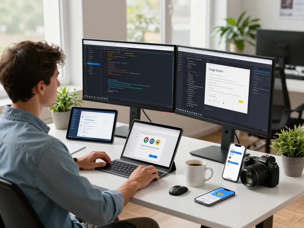 Developer optimizing 谷歌浏览器 settings and extensions in a modern tech workspace.