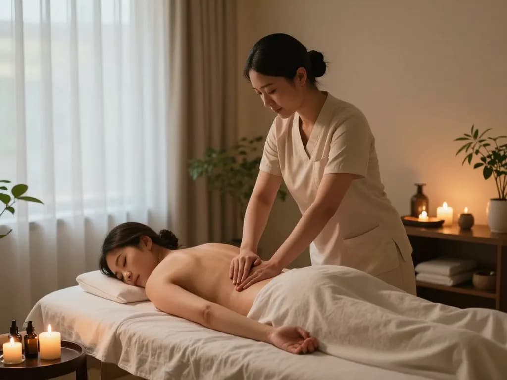 평온한 스파 환경에서 역삼동마사지를 특징으로 하는 진정 효과가 있는 마사지 치료 세션.