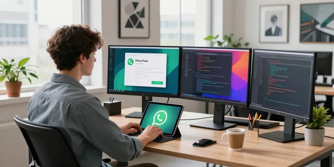 Workspace with dual monitors showcasing WhatsApp下載 interface and a young professional engaged in productivity.