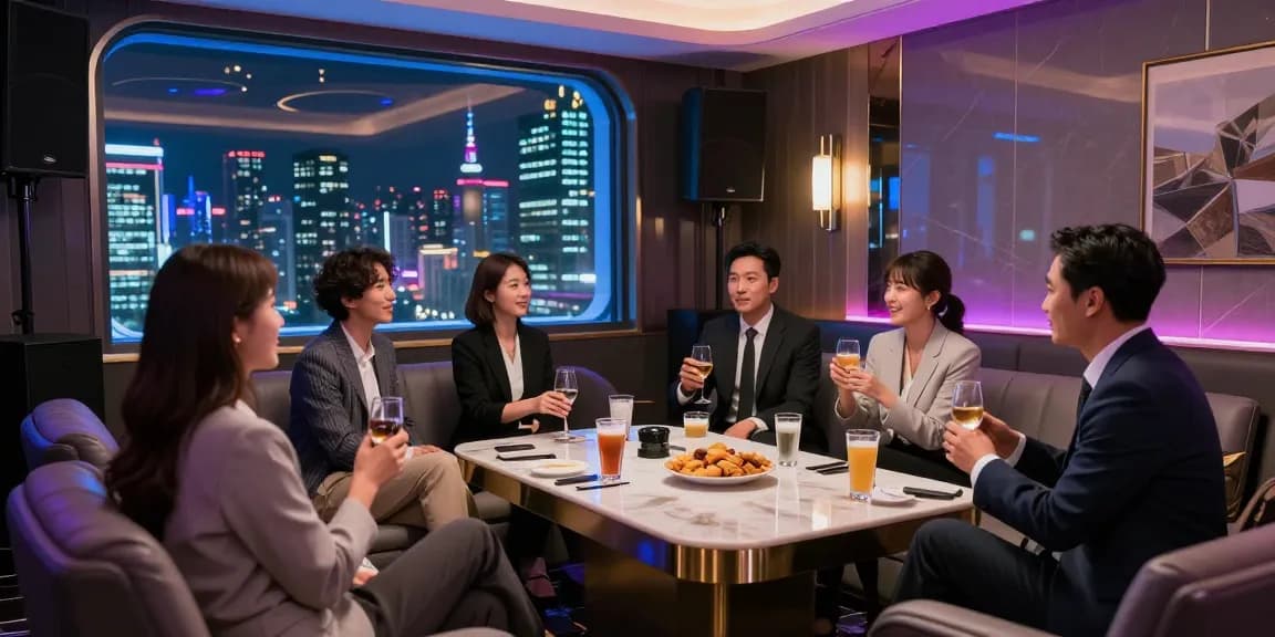 강남쩜오의 고급스러운 룸에서 비즈니스 미팅 중인 고객들