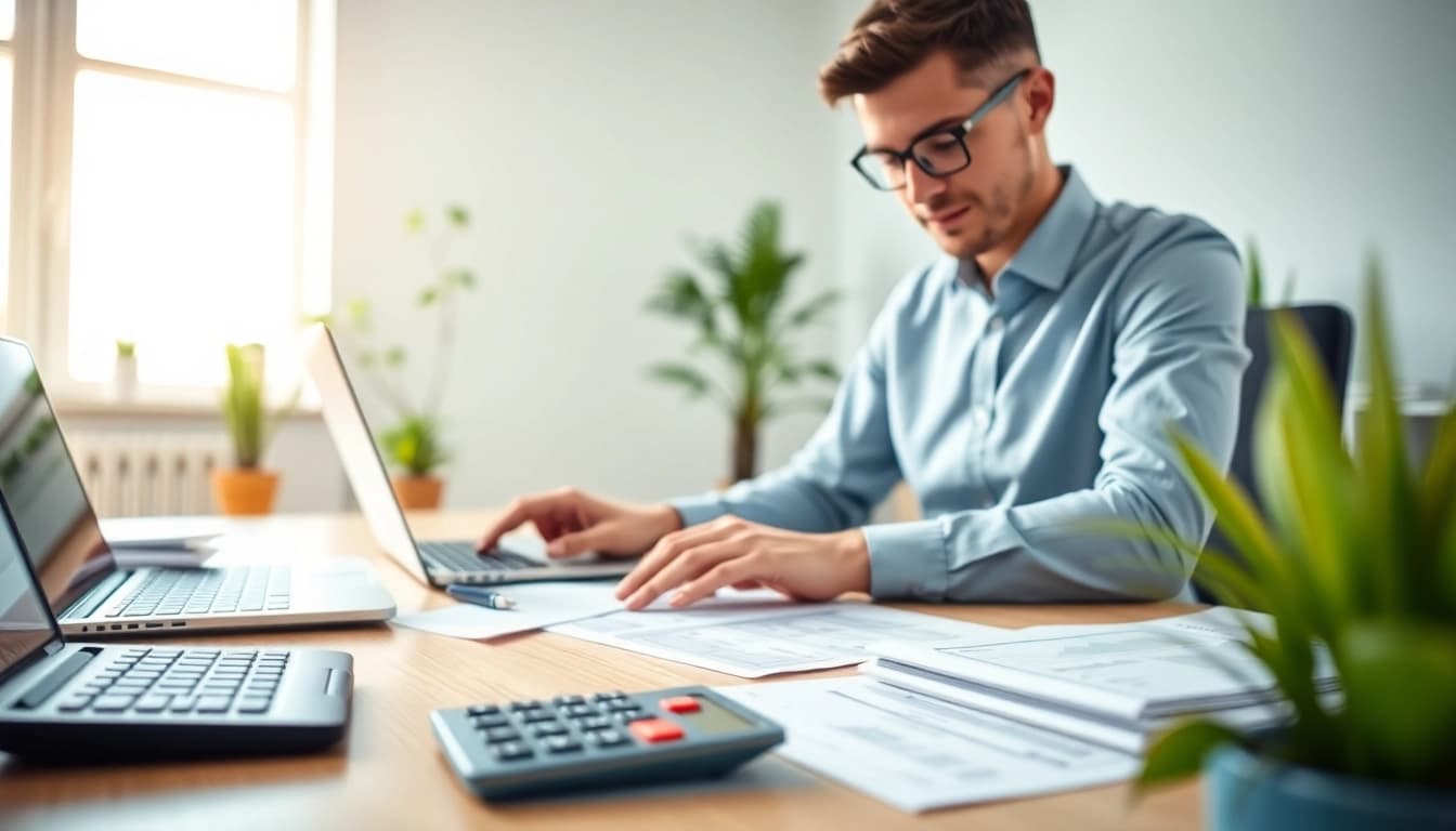 Illustration of small business accounting and bookkeeping in a bright, organized workspace highlighting financial tools.