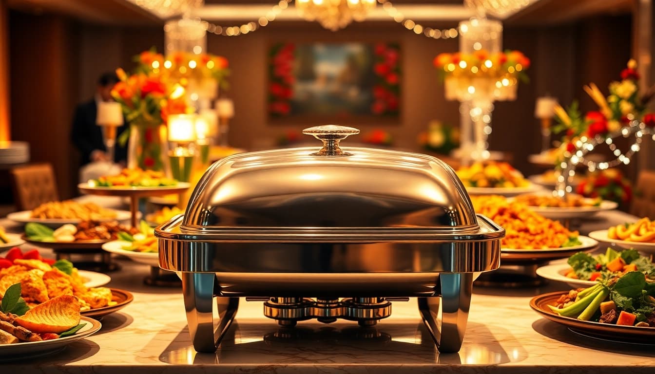 Serve delicious dishes from a stylish chafing dish setup at a festive buffet.