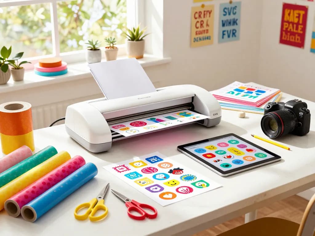 Creative crafter using SVG for Cricut in a colorful DIY workspace with vibrant materials.