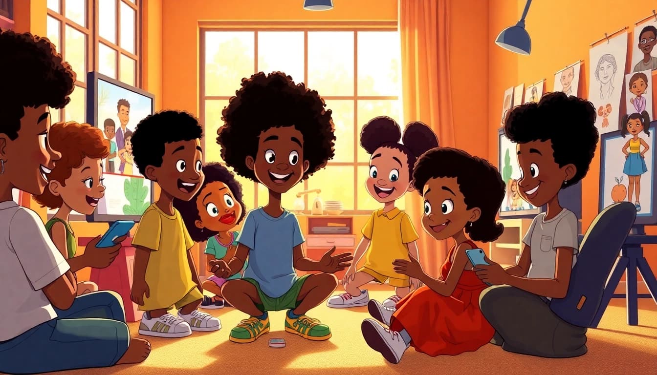 Children engaged with African American cartoons in an animation studio, showcasing diversity and creativity.