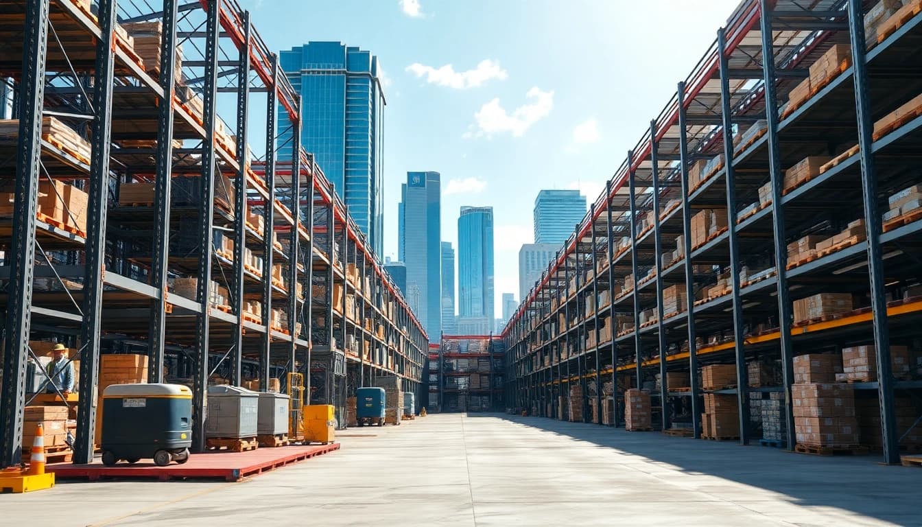Locate a modern warehouse near me featuring organized loading docks in a vibrant urban setting.