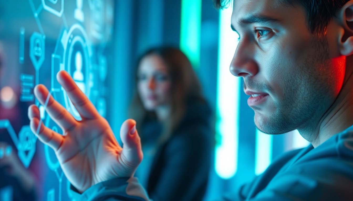 Engage with a Human Interface with AI showcasing dynamic interaction between user and holographic display.