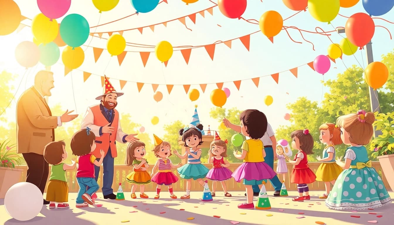 Birthday party entertainers performing magic tricks and engaging children at a festive outdoor event.