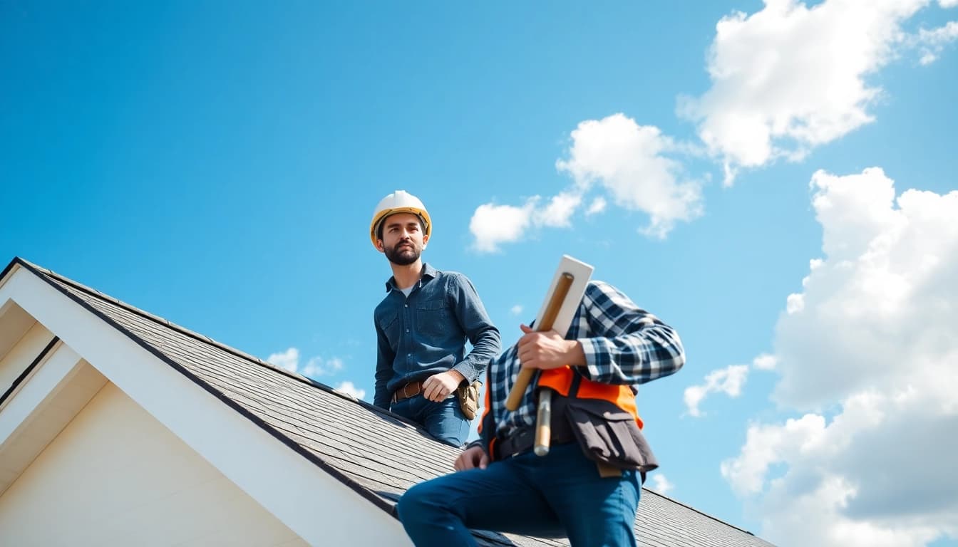Roofing contractor inspecting a roof with tools, ensuring quality and safety.