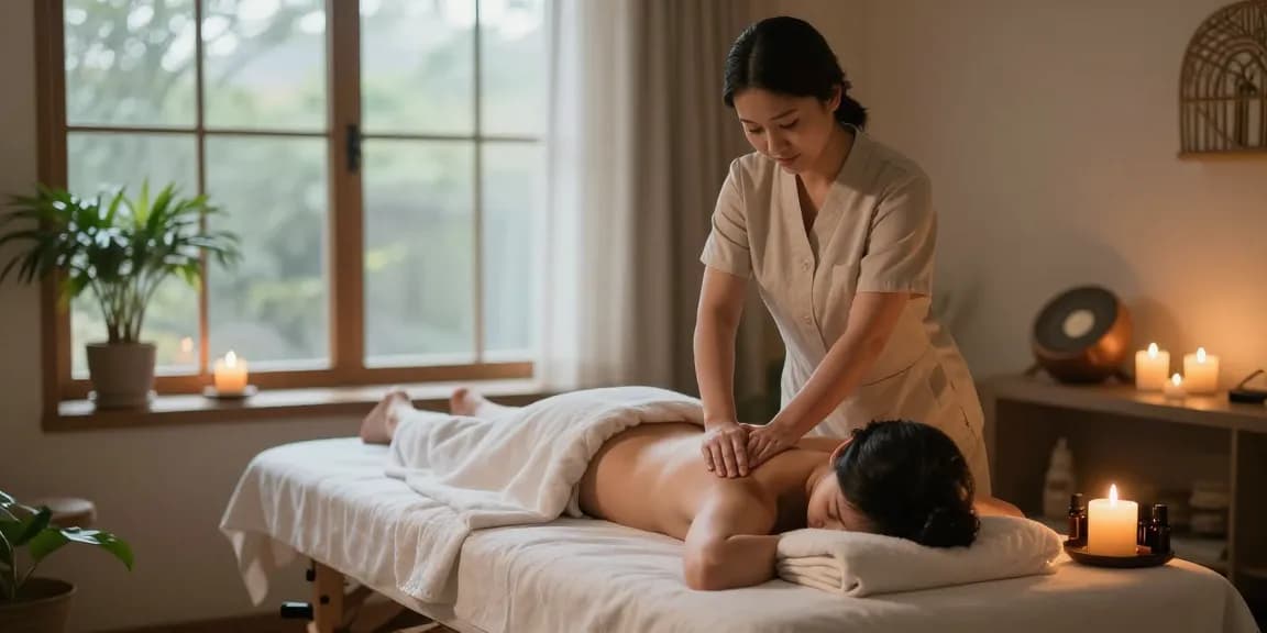 마사지 치료를 받고 있는 모습, 아로마 오일과 촛불로 아늑한 분위기 연출