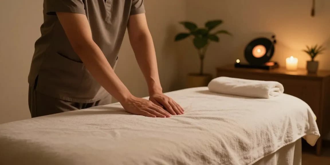 마사지 테라피 방에서 편안한 분위기, 마사지 테이블 준비 중