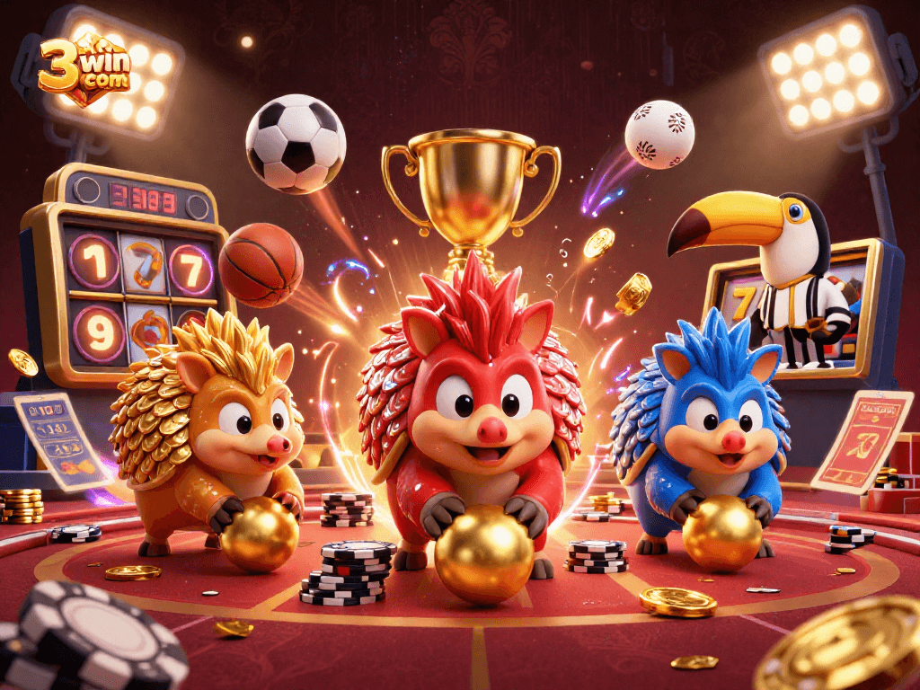 Engage in thrilling gameplay at 33win com with a vibrant 3D casino scene featuring pangolins rolling poker chips.