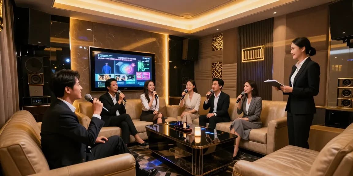 프리미엄 강남 노래방의 고급스러운 개인 공간에서 강남쩜오 문화를 체험하는 비즈니스 고객의 모습