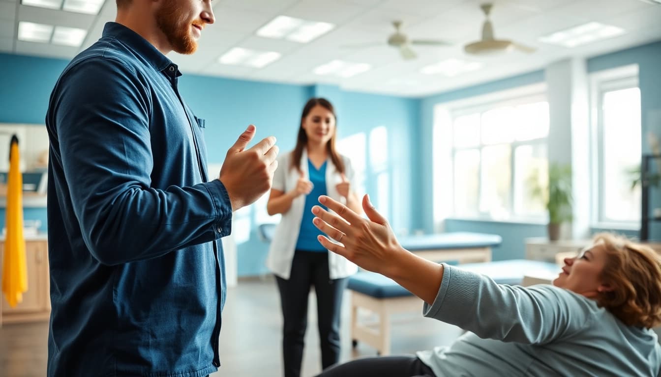 Engaged physiotherapy Edmonton session highlighting therapist assisting a patient with rehabilitation exercises.