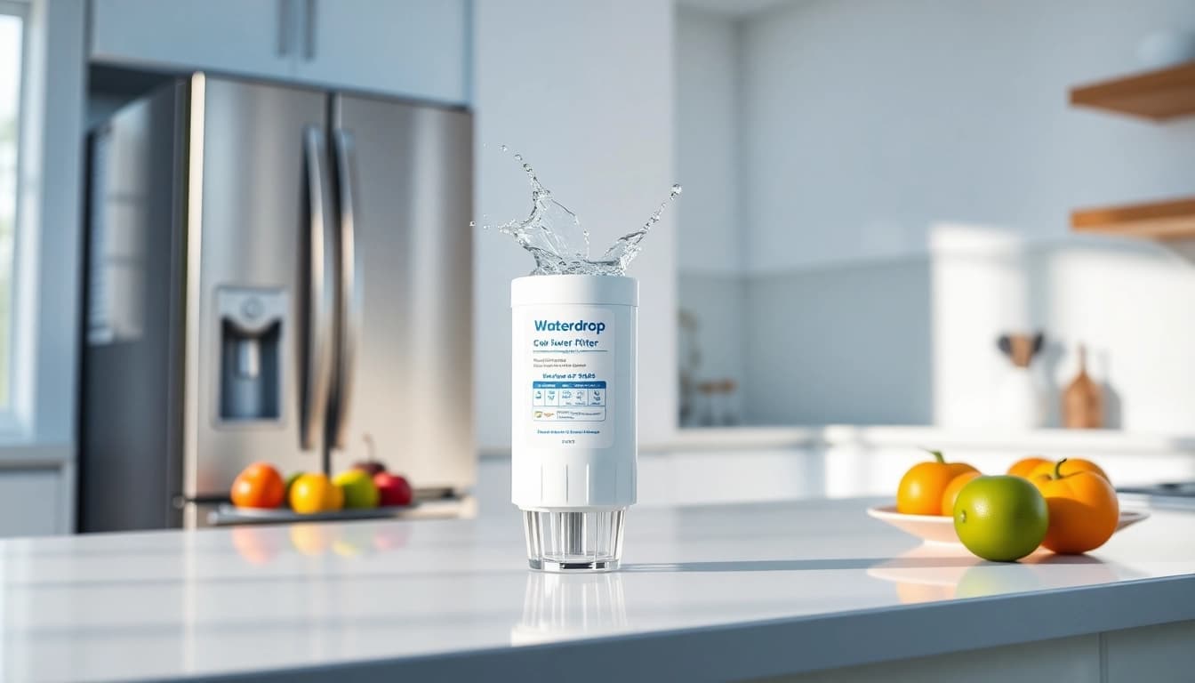 Waterdrop WF1CB Replacement for Frigidaire® PureSource WFCB filter enhancing fresh water flow in a modern kitchen.