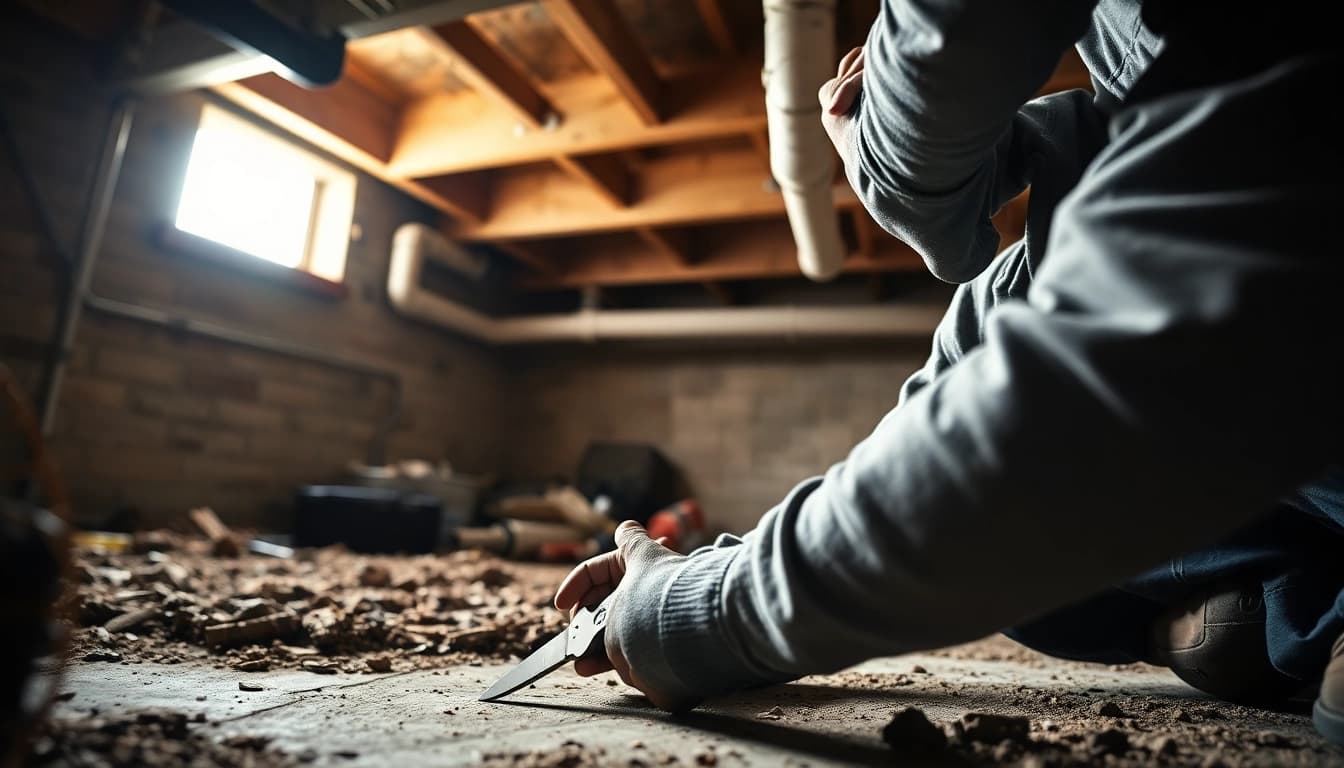 Crawl Space Restoration with a technician inspecting a damp area using specialized tools.