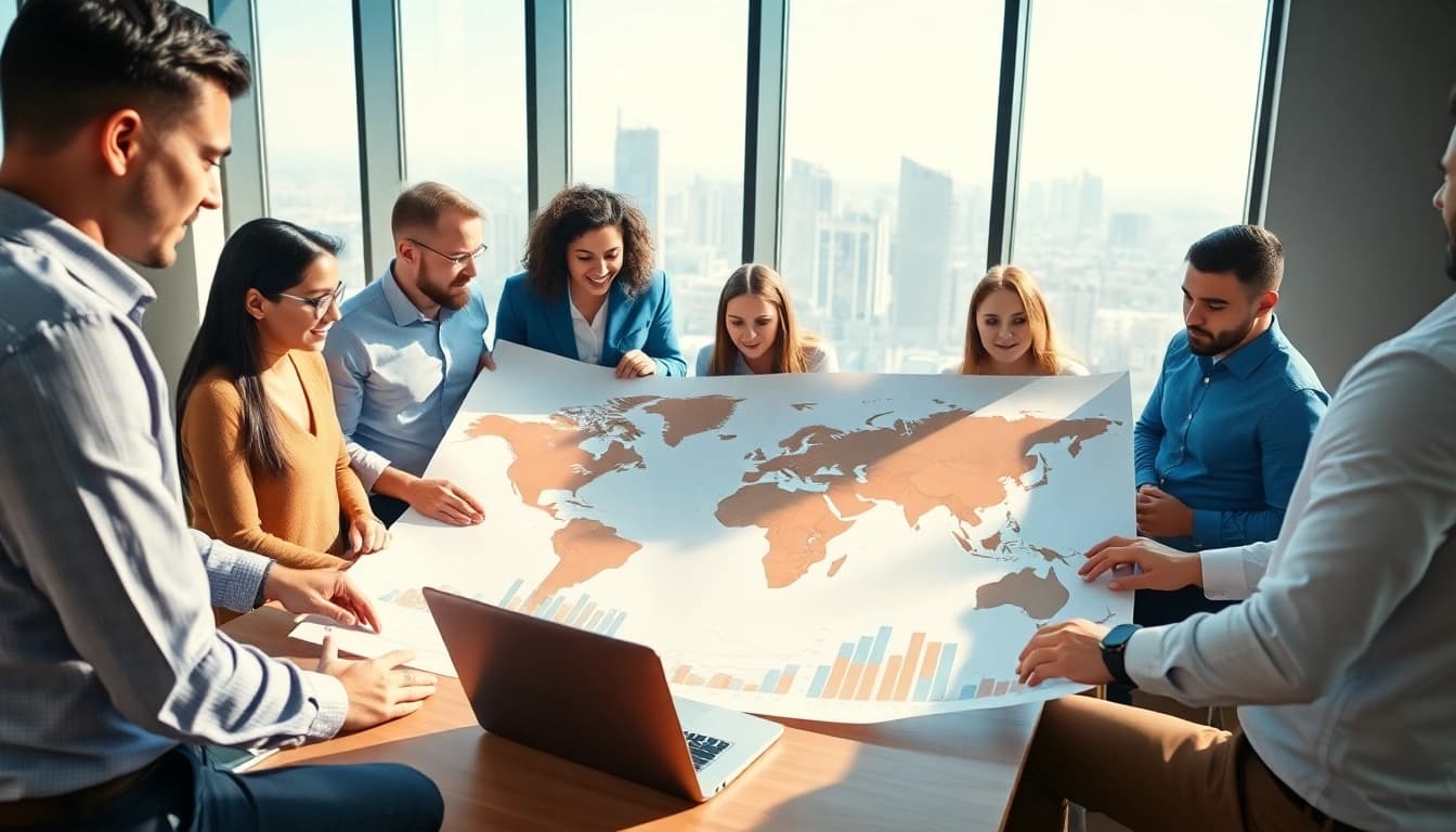 Engaged investors exploring international real estate investing opportunities around a map.