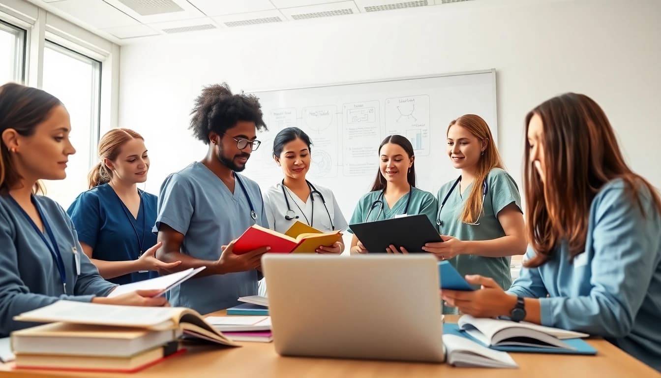 Nursing assignment help session with nursing students collaborating in a bright classroom.