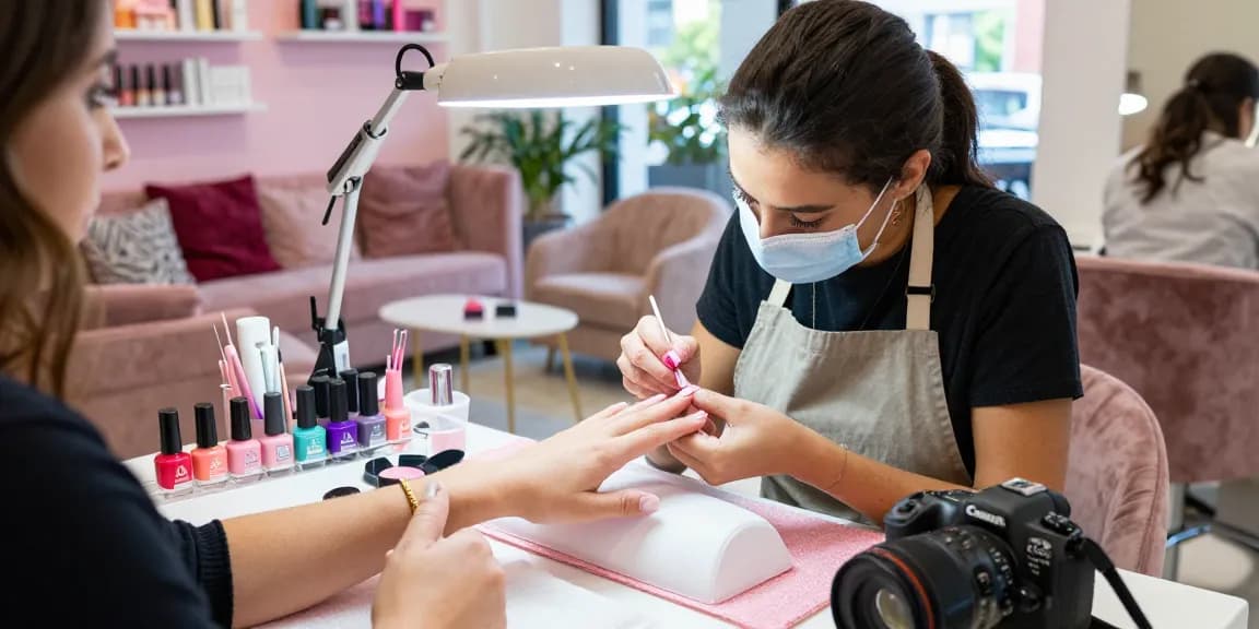 Tehnician de unghii expert aplicând oja semipermanentă în timpul unei sesiuni vibrante de manichiură la salon, prezentând lacuri de unghii colorate și unelte.