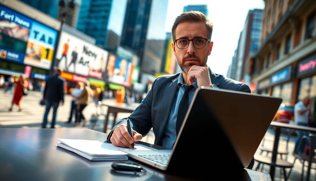 Journalist analyzing news details at https://www.thedailynewsonline.com in a vibrant urban setting.