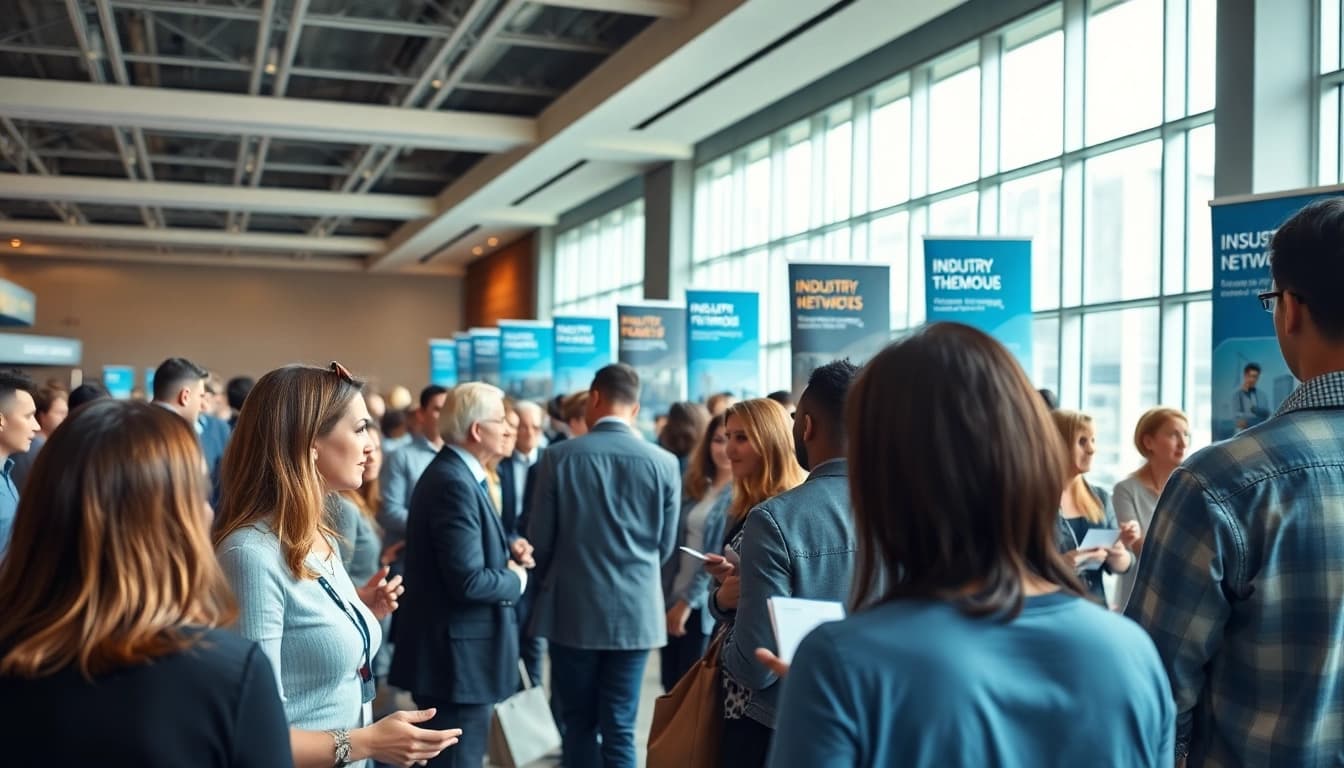 Engaging participants at construction networking events exchanging ideas and business cards in a modern conference hall.