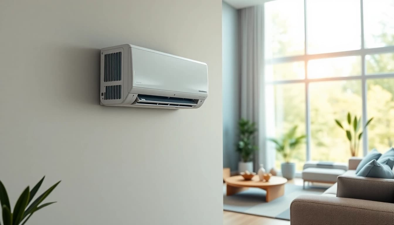 Installing a Mitsubishi mini split ac in a cozy, modern living room setting.