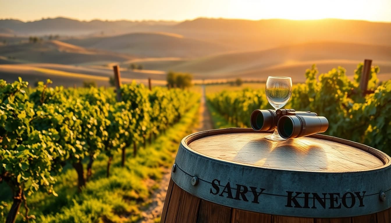Sample Clarksburg wineries with rustic wine barrels and rolling vineyard hills.