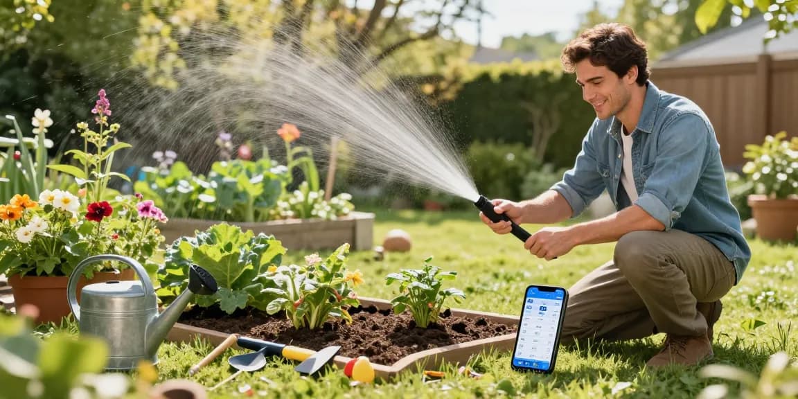 Gardener using a rainpoint sprinkler timer in a vibrant garden setting.