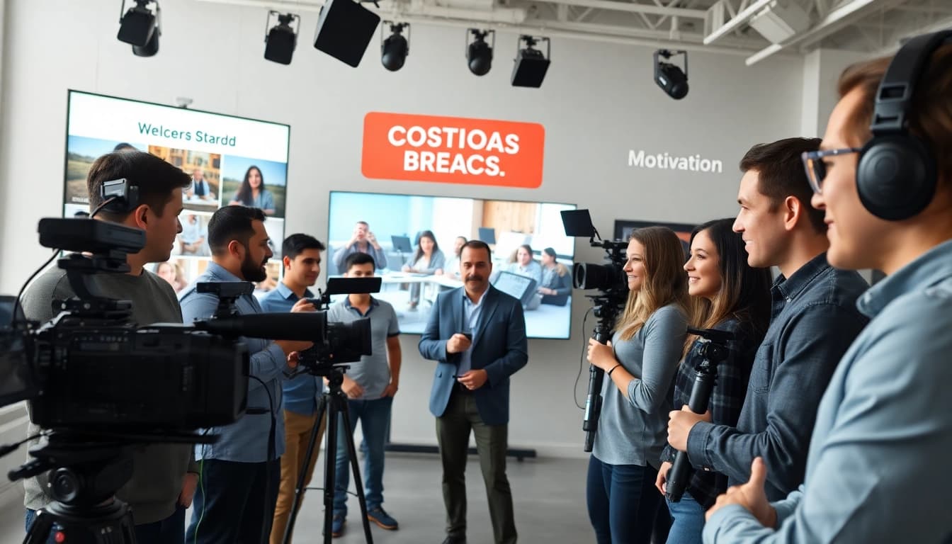Capture the essence of Corporate Video Production with a dynamic team brainstorming in a vibrant studio.