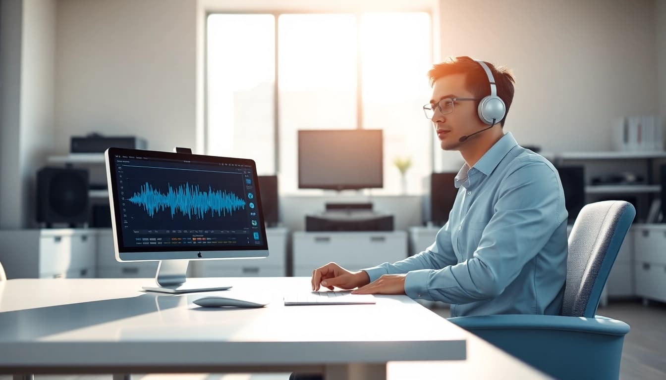 Create a seamless AI voice experience in a modern workspace using cutting-edge technology.