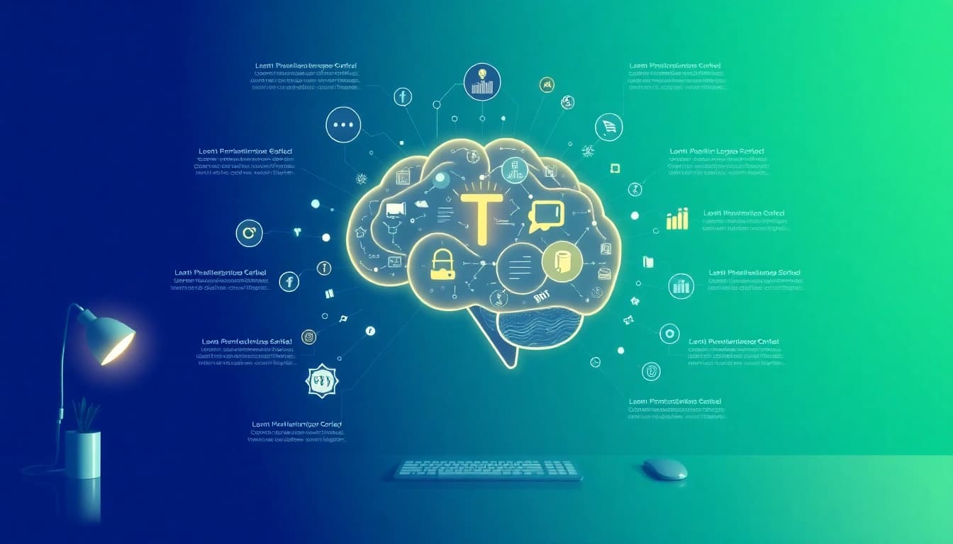 Illustration of information concept with a brain filled with data and knowledge symbols.