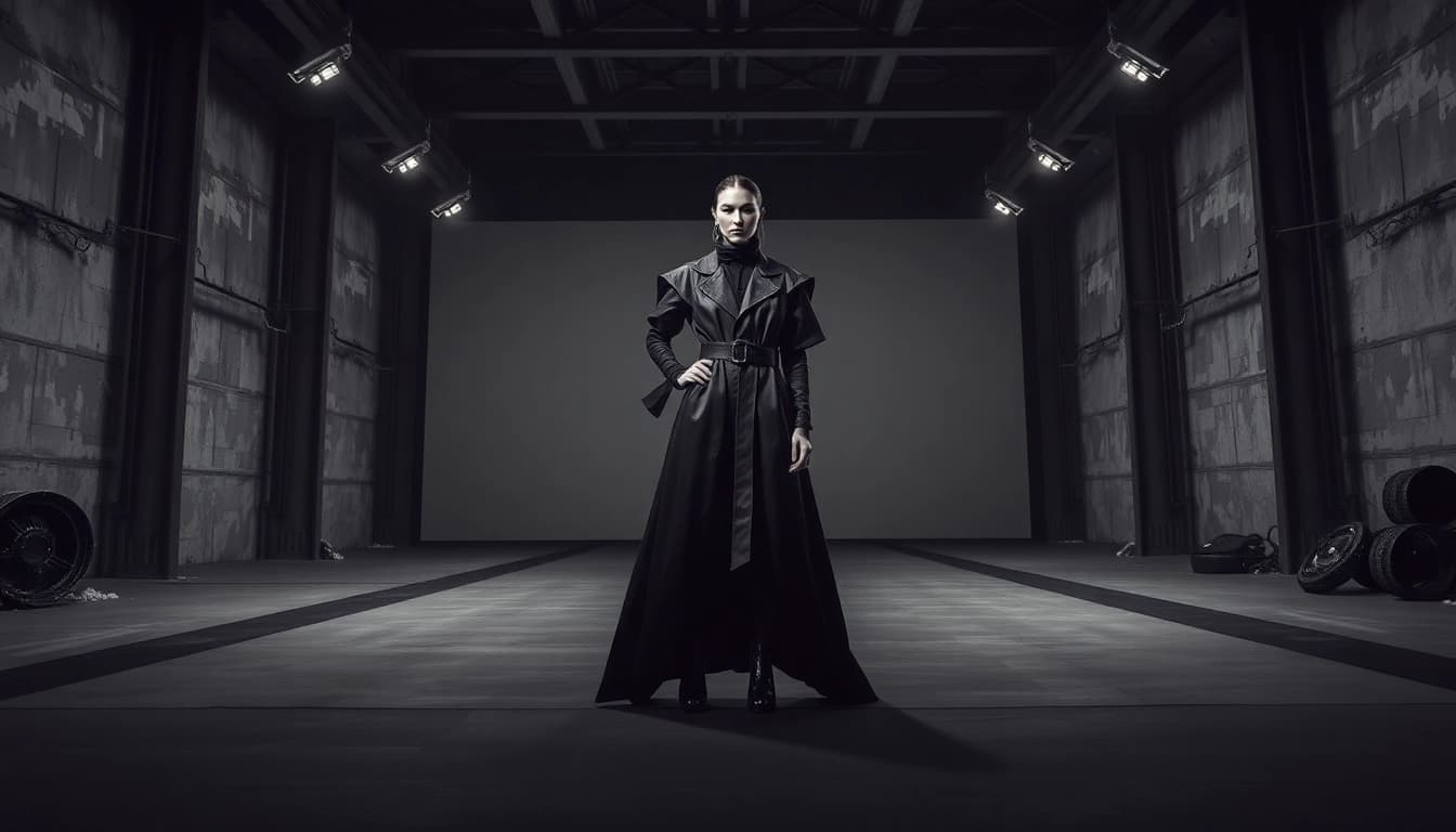 Showcase a fashion model illustrating the rick owens mission statement in a dramatic runway setting.