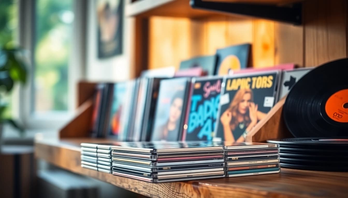Browse through a vibrant audio cd collection with various album covers showcased elegantly.