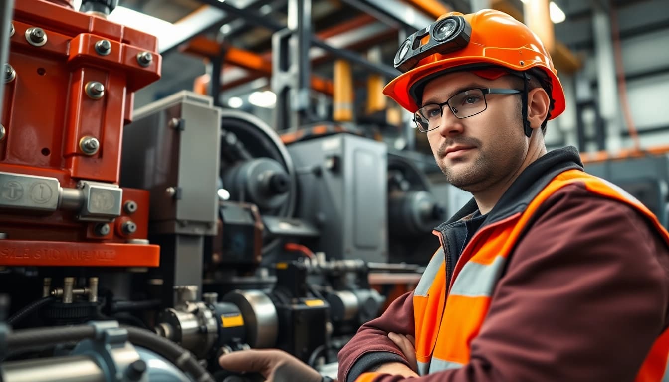 Mobile hydraulic services technician expertly repairs hydraulic systems in a professional workshop.