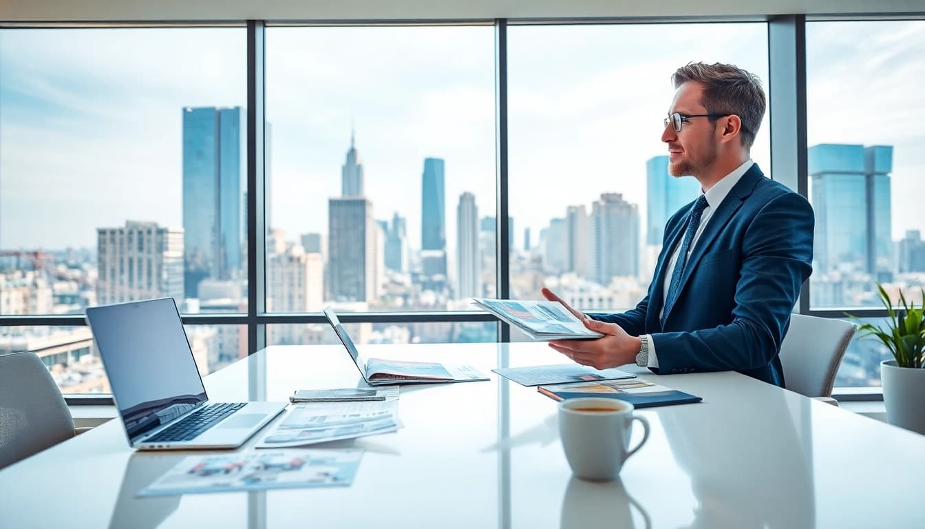 Engaging real estate agent showcasing listings in a modern office, highlighting Real Estate services.