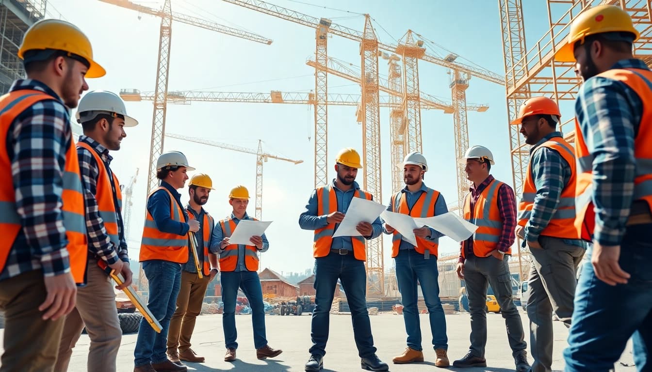 Construction association teamwork at a vibrant building site with diverse workers collaborating effectively.